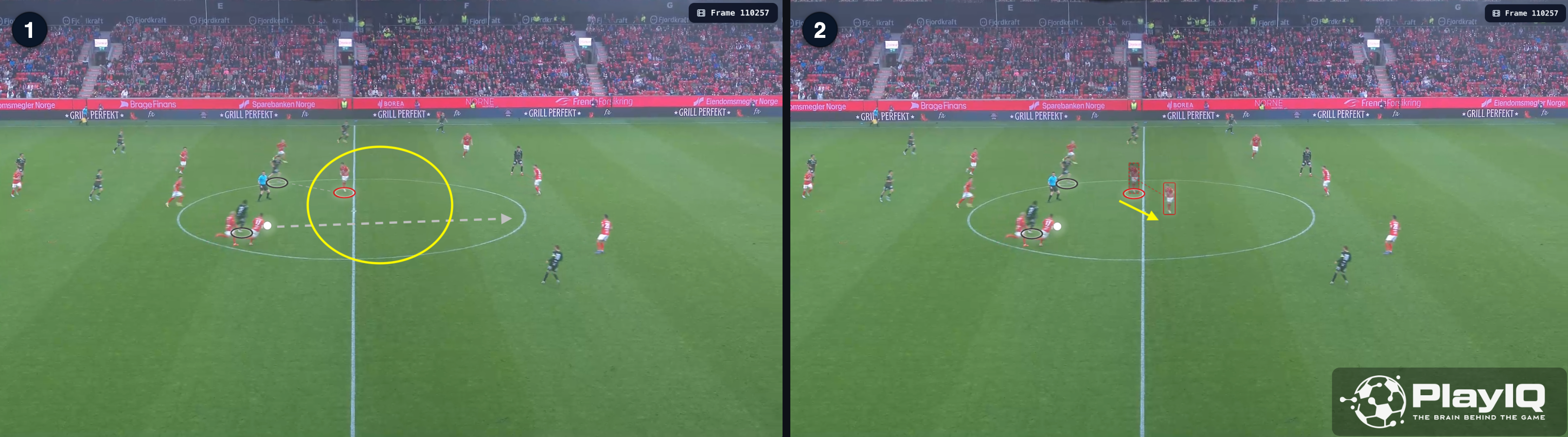 Pitch control analysis showing Niklas Wassberg caught between tracking Victor Halvorsen's run and engaging Niyukuri — leaving both threats unresolved as Sarpsborg drive towards goal